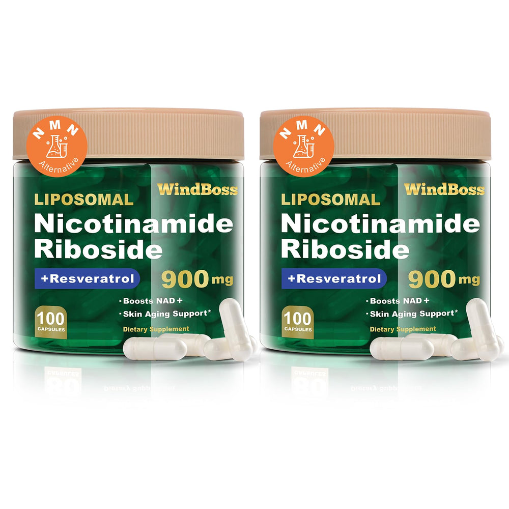 Windboss Liposomal NAD+ bottle highlights premium NR blend for cellular energy.