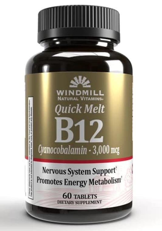 Windmill B-12 3000 mcg quick-melt tablets bottle supporting energy metabolism.