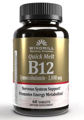 Windmill B-12 3000 mcg quick-melt tablets bottle supporting energy metabolism.
