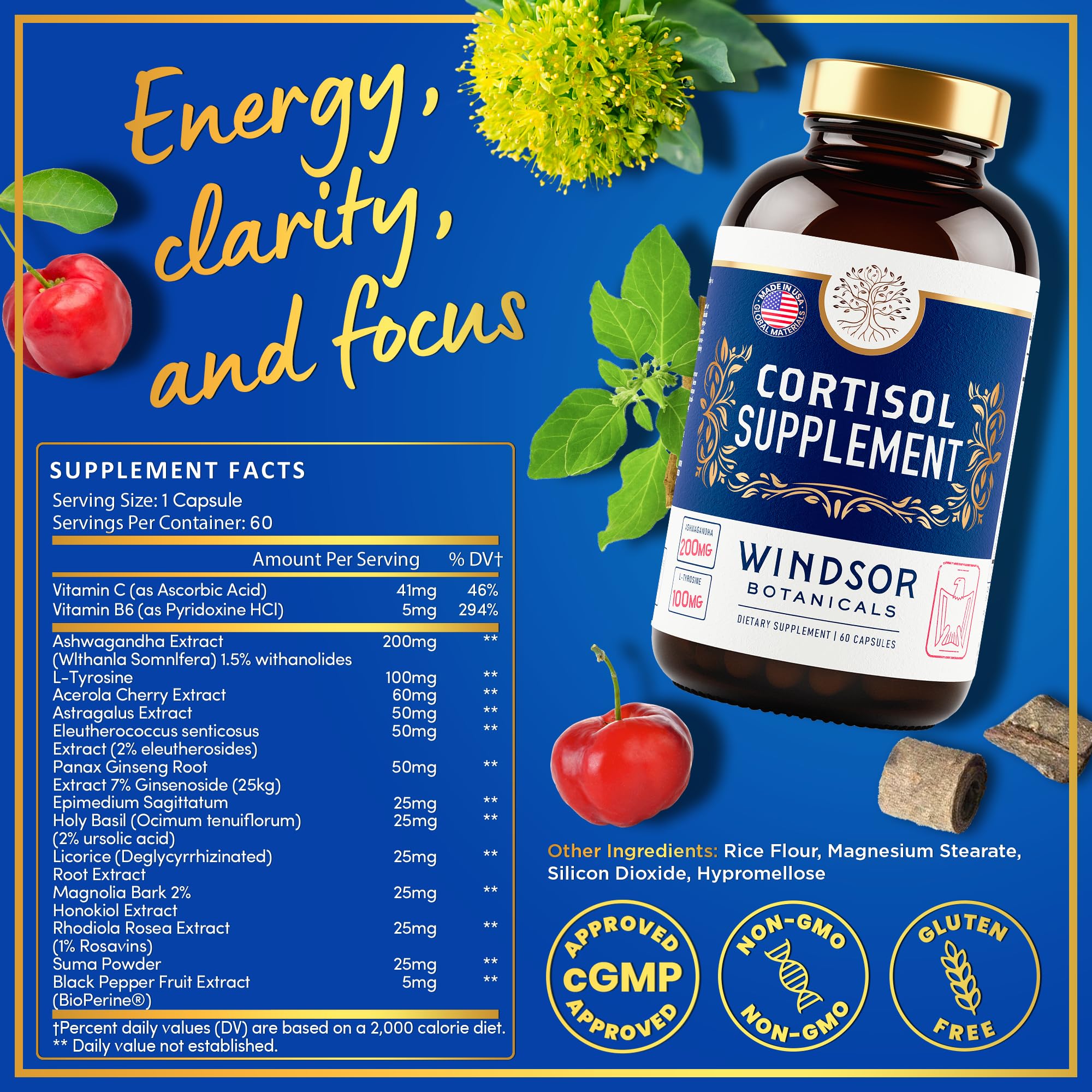 WINDSOR BOTANICALS ashwagandha blend capsules for calming support.