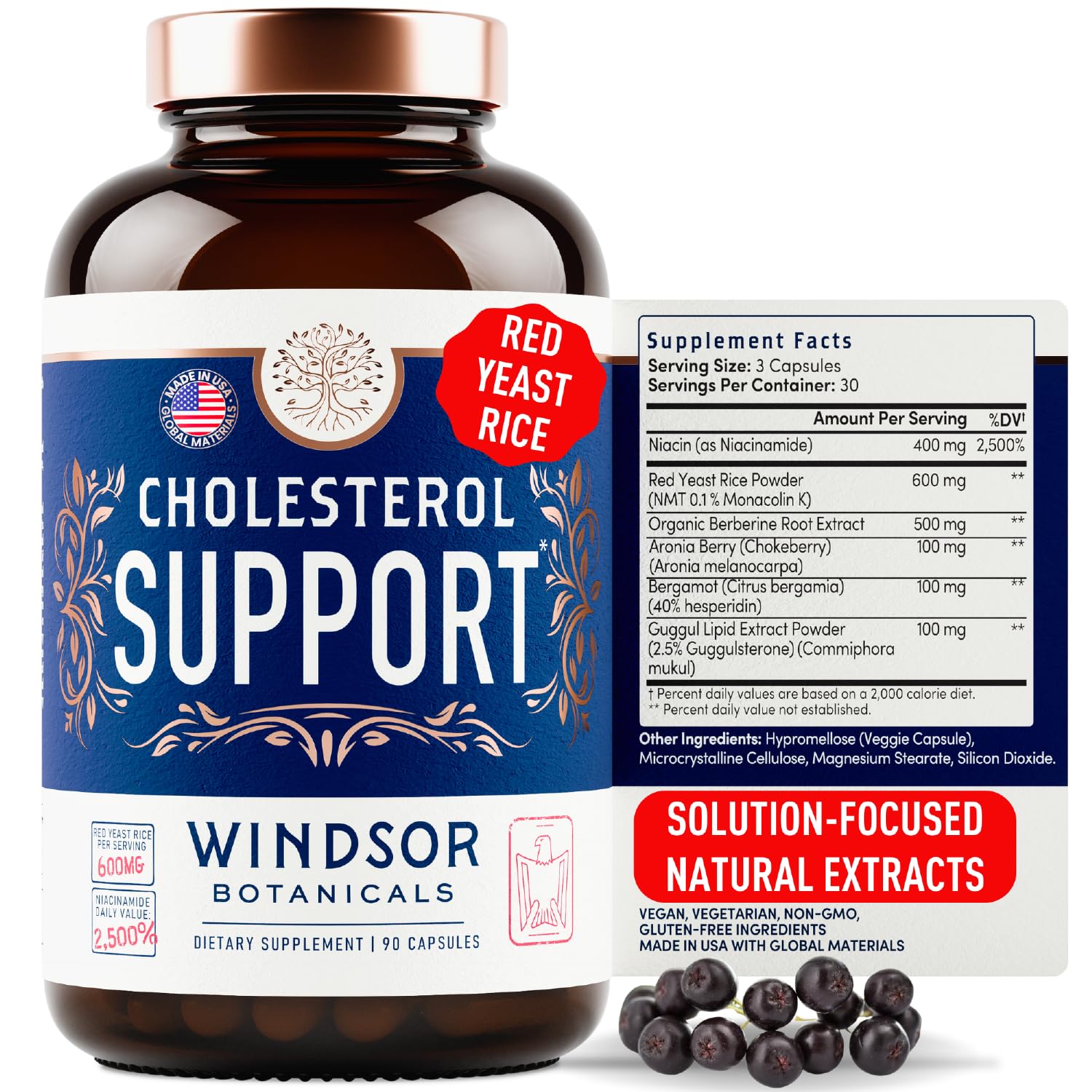 Windsor Botanicals cholesterol bottle with bergamot for healthy lipid balance.