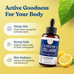 WINDSOR BOTANICALS collagen drops being dispensed under the tongue for quick absorption.