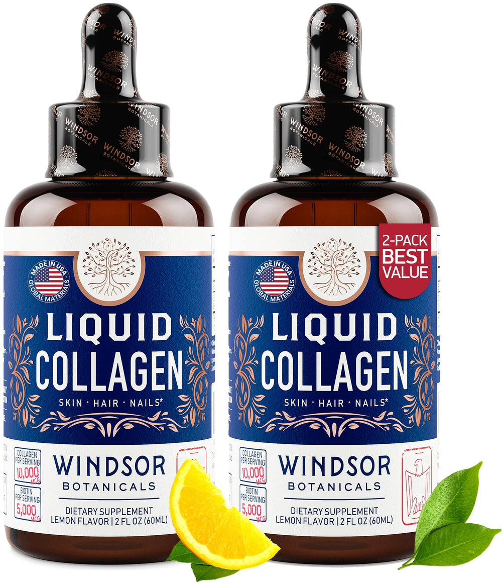 WINDSOR BOTANICALS concentrated liquid collagen drops bottle for smoother skin and stronger hair.