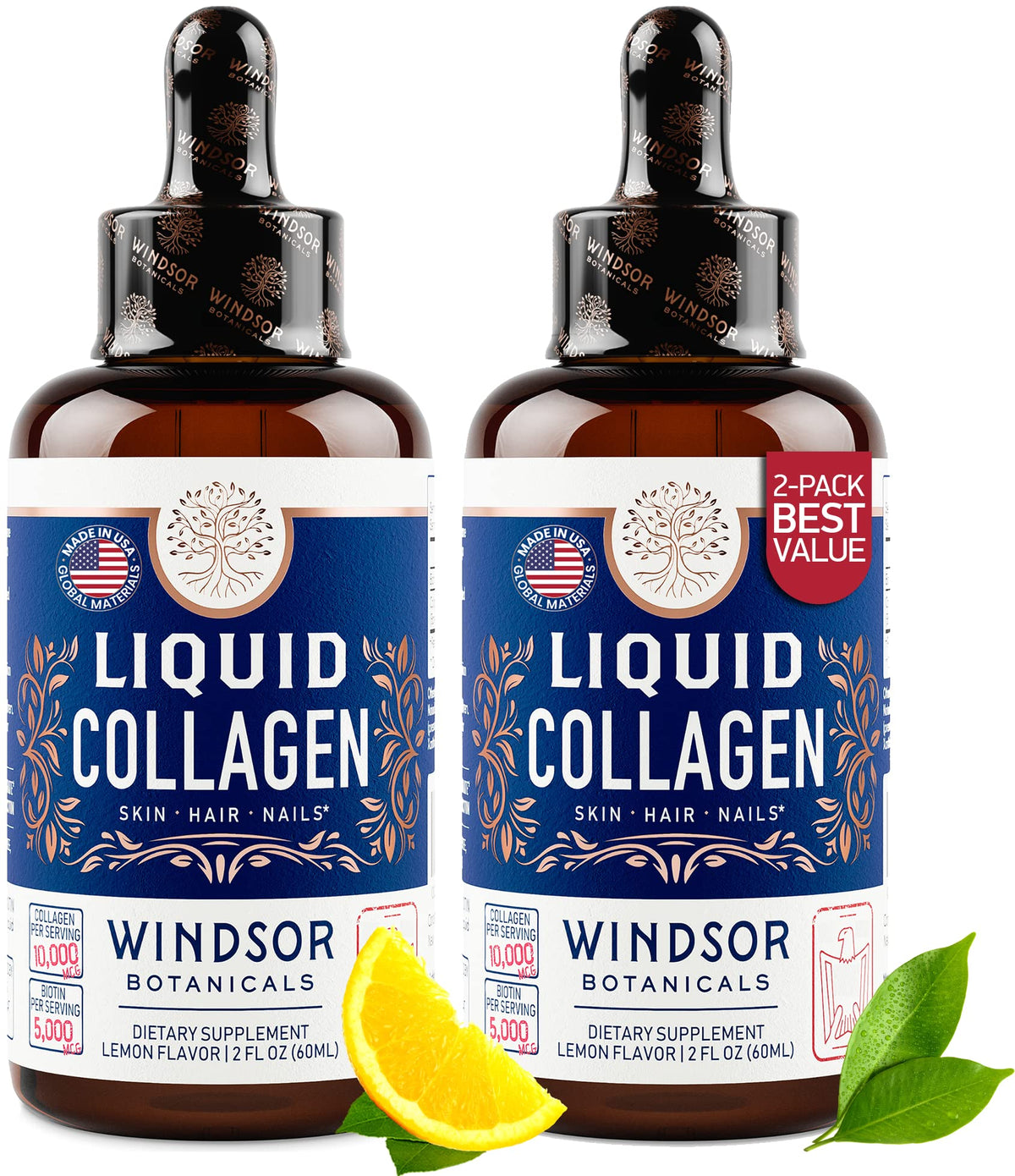 WINDSOR BOTANICALS concentrated liquid collagen drops bottle for smoother skin and stronger hair.
