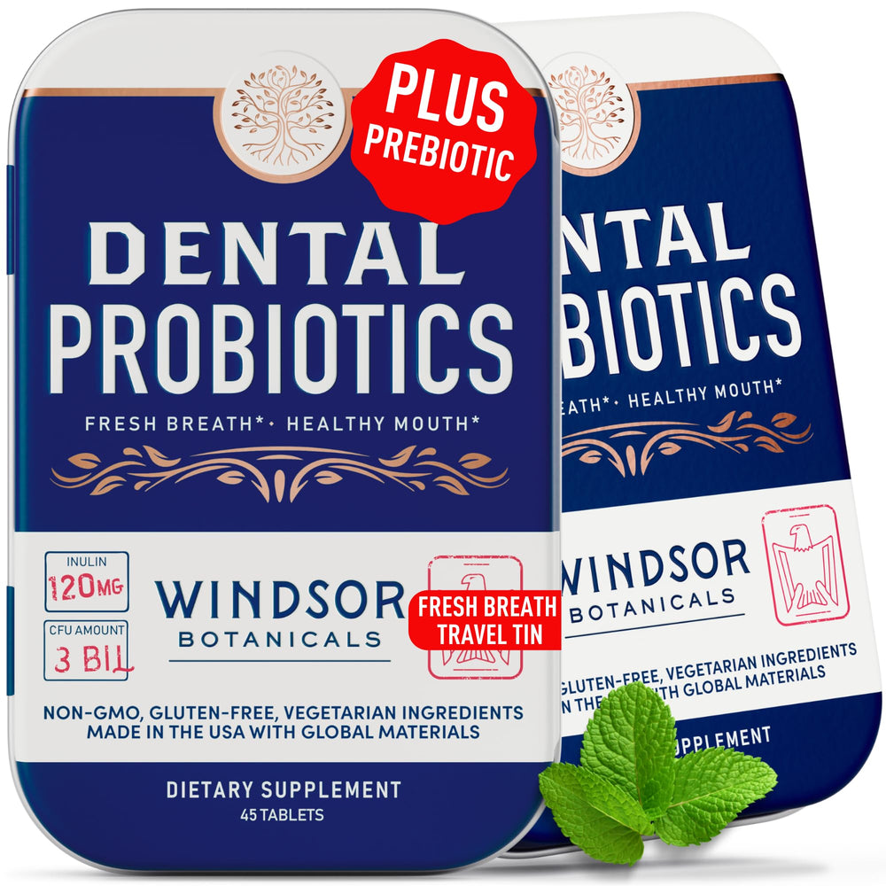 Windsor Botanicals dental probiotic travel tin for on-the-go freshness.