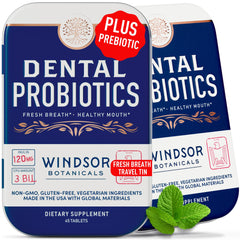 Windsor Botanicals dental probiotic travel tin for on-the-go freshness.