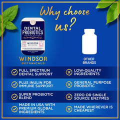Windsor Botanicals Dental Probiotics 3BN-CFU blend supports balanced oral bacteria.