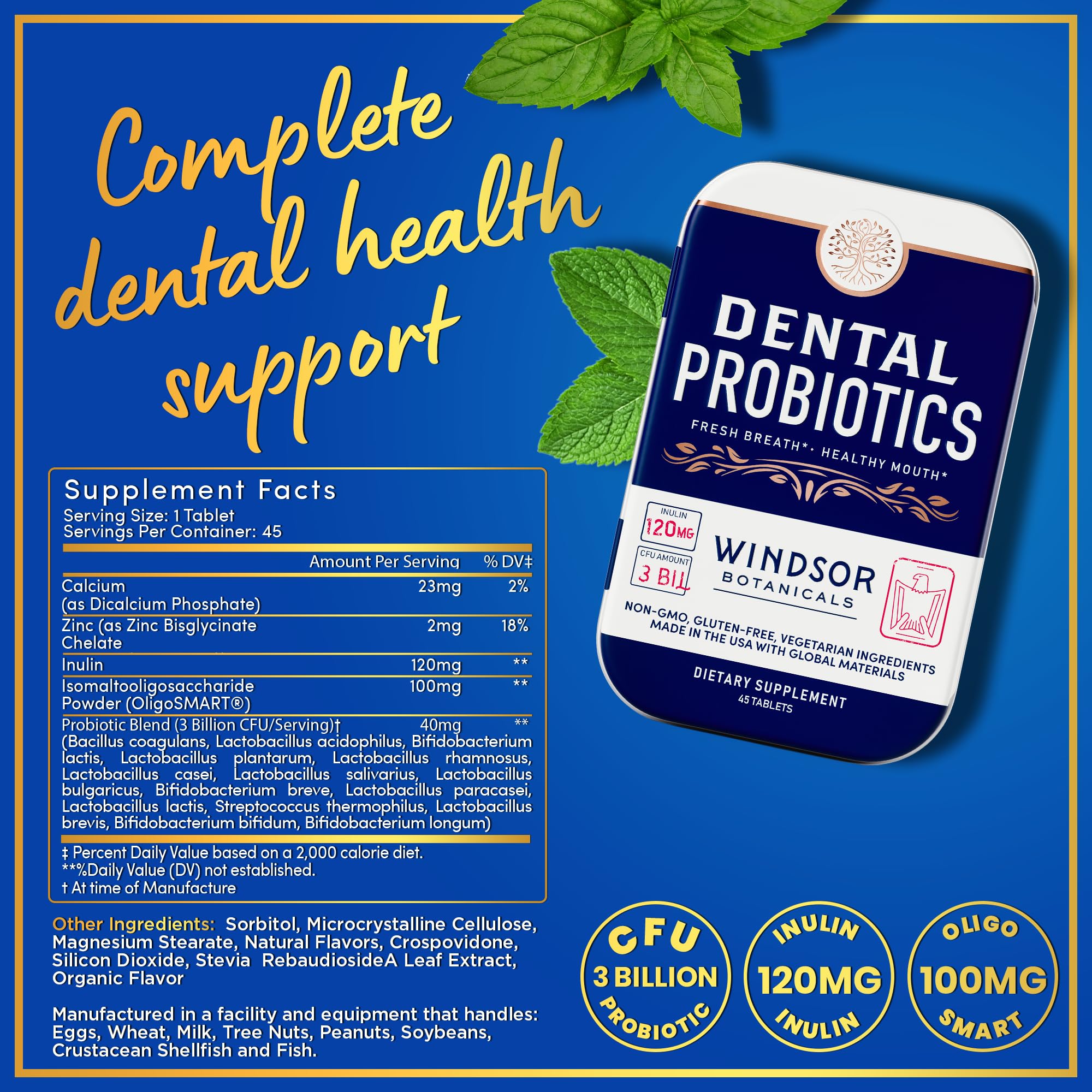 Windsor Botanicals Dental Probiotics peppermint-flavor tablets for enjoyable daily use.