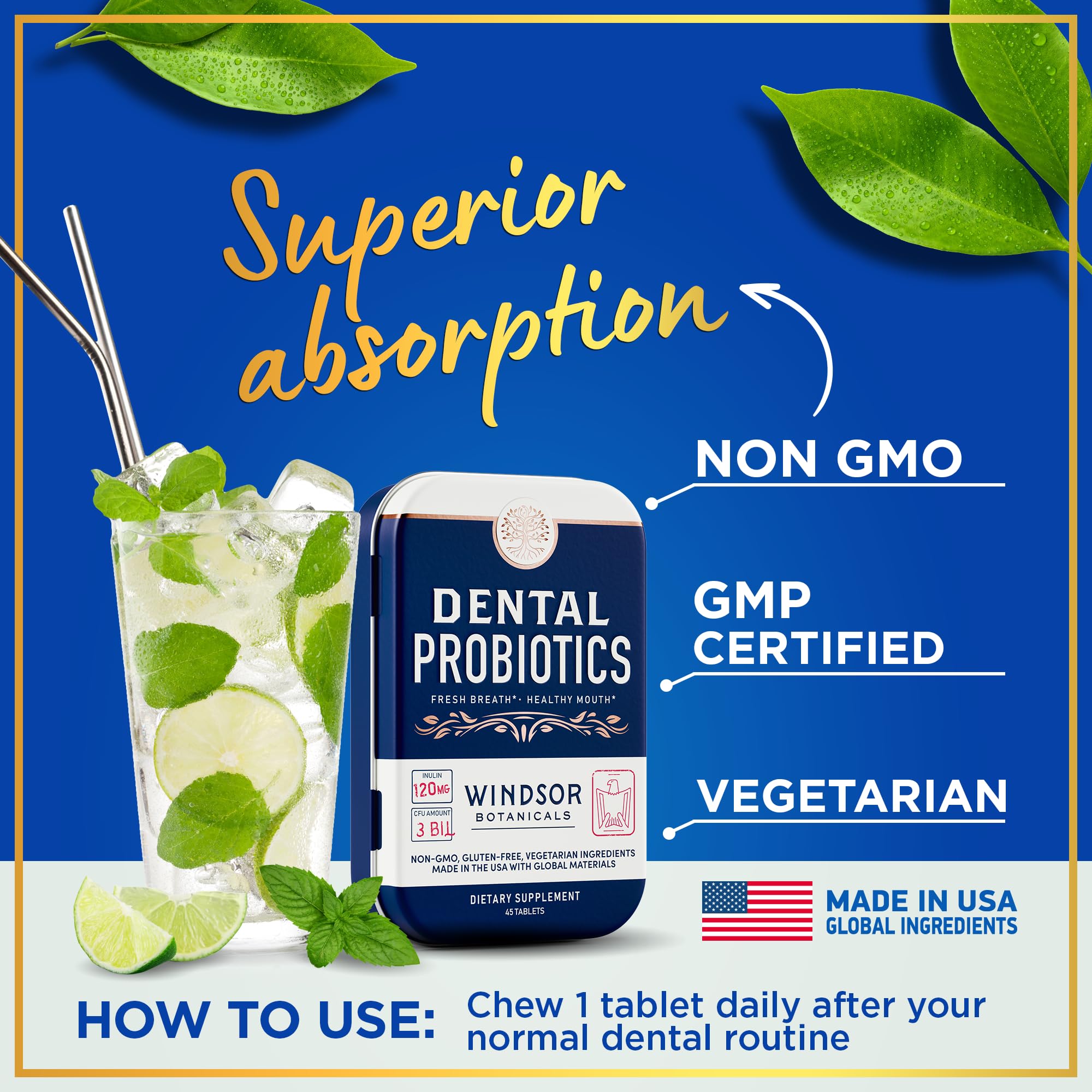 Windsor Botanicals Dental Probiotics tablets closeup highlights 3BN CFU blend.
