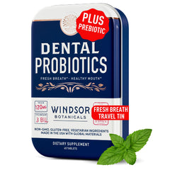 Windsor Botanicals Dental Probiotics in a compact travel tin for on-the-go freshness.