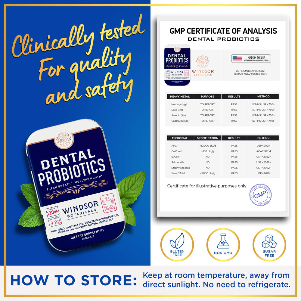 Windsor Botanicals Dental Probiotics travel-friendly packaging promotes convenience.