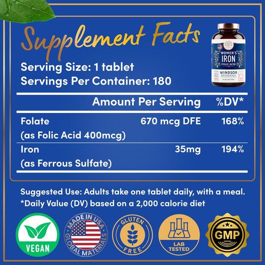 WINDSOR BOTANICALS folic acid tablet pack highlighting essential nutrients