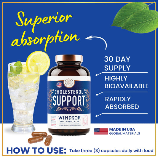 Windsor Botanicals ingredients lineup featuring bergamot, niacin, and berberine for balanced lipids.