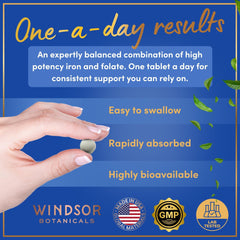 WINDSOR BOTANICALS iron and folate label showing dosage details