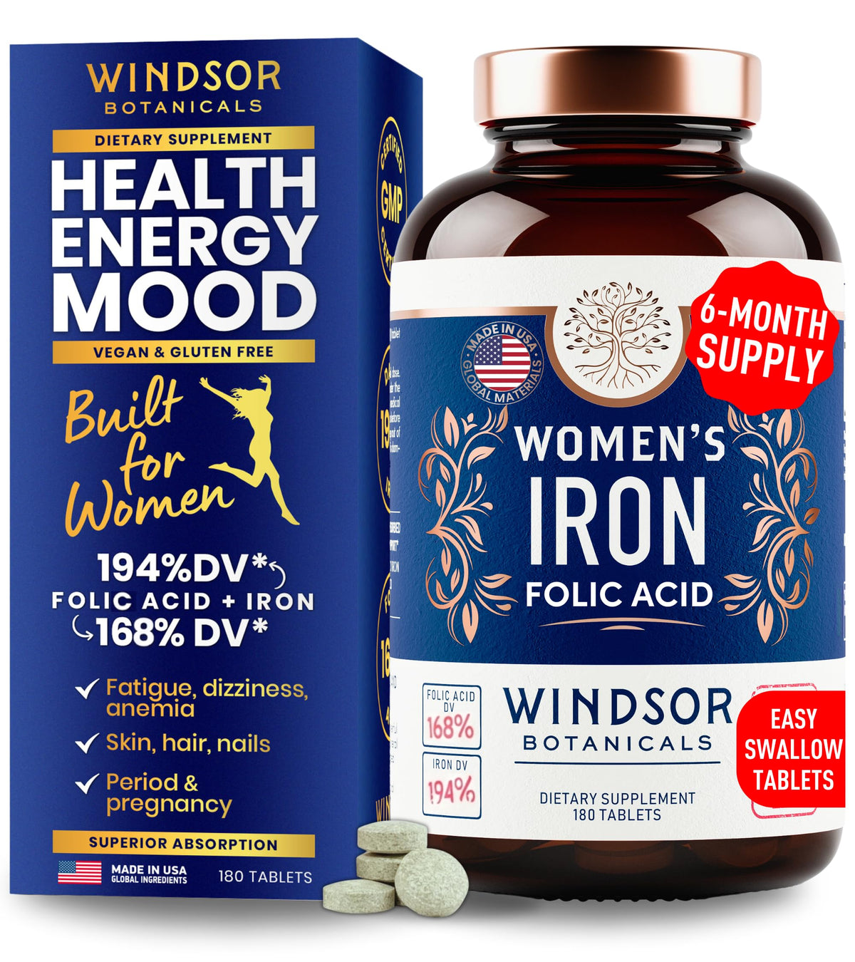 WINDSOR BOTANICALS iron pill bottle closeup for daily energy support
