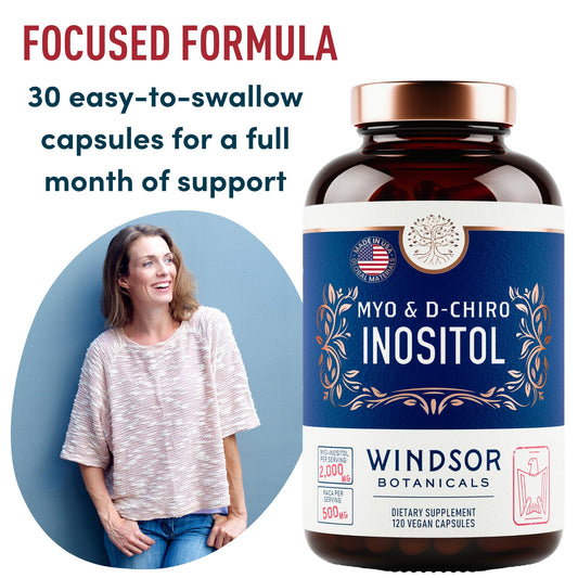 WINDSOR BOTANICALS Myo-Inositol 40:1 capsules closeup supporting regular cycles.