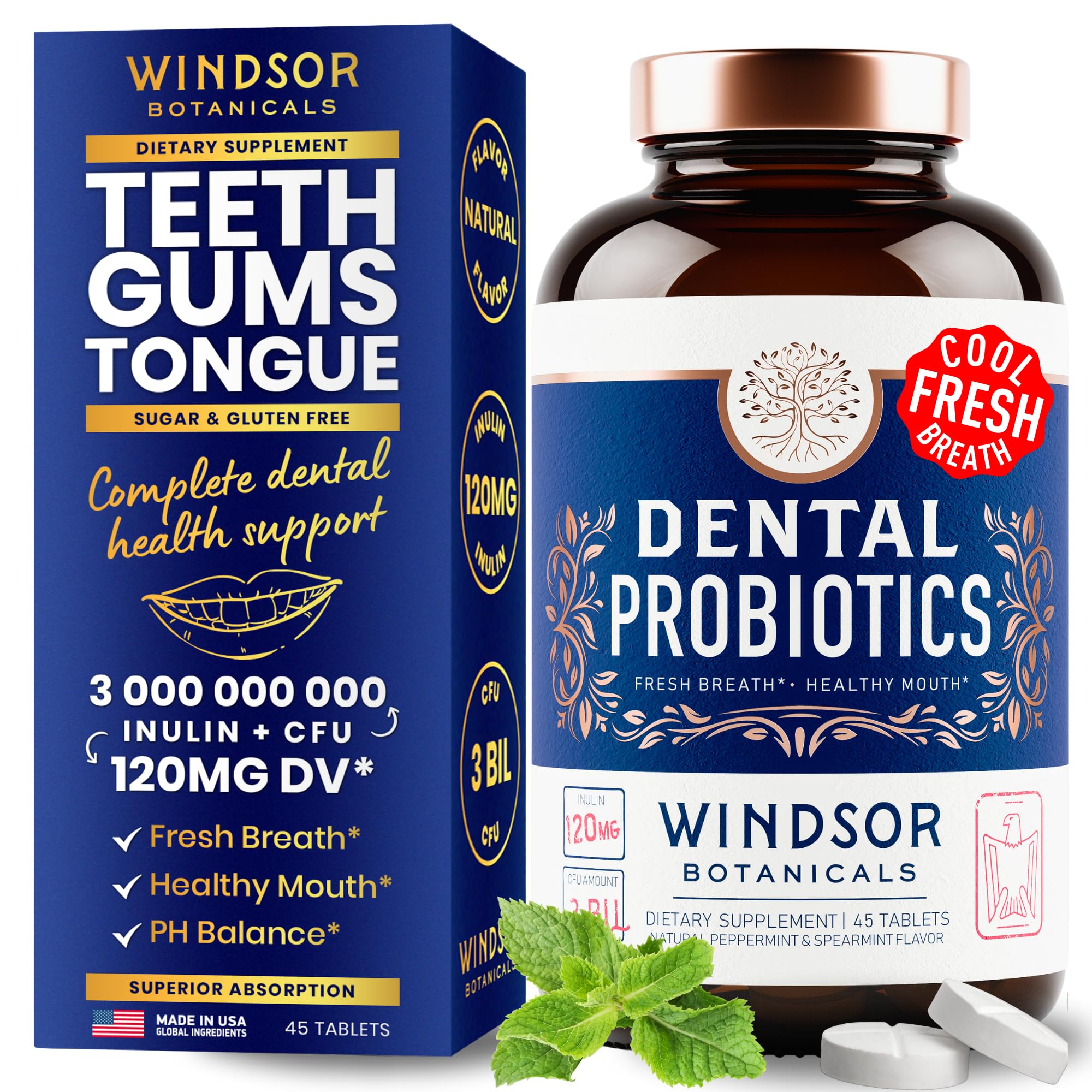 Windsor Botanicals oral probiotics tablets mint flavor bottle close-up for fresh breath