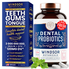 Windsor Botanicals oral probiotics tablets mint flavor bottle close-up for fresh breath
