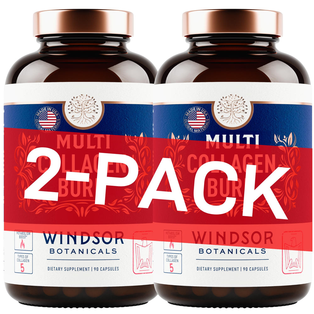 Windsor Botanicals Thermogenic Multi Collagen Burn bottle overview highlighting beauty and anti-aging support.