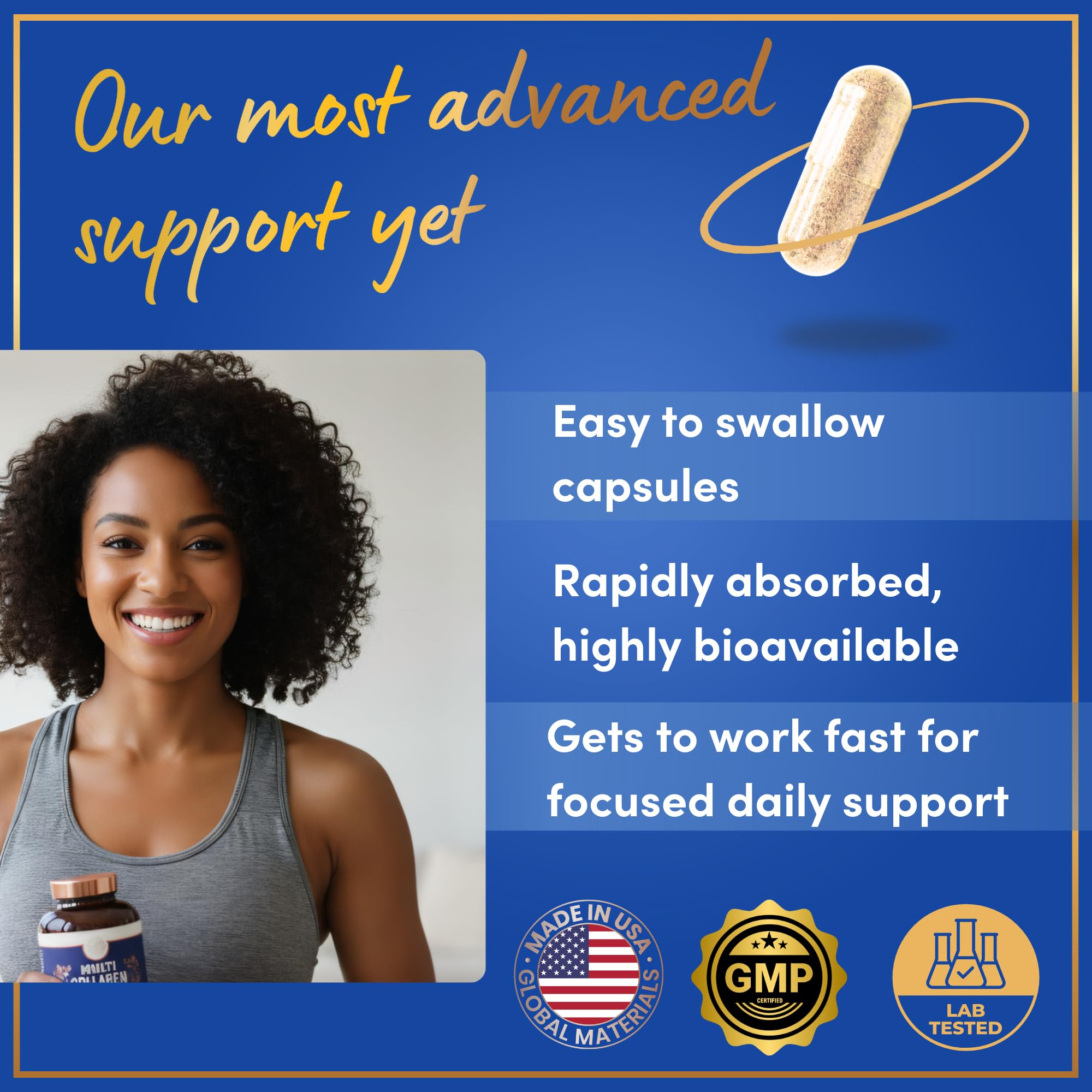 Ingredients icons show marine, bovine, and chicken collagen sources.