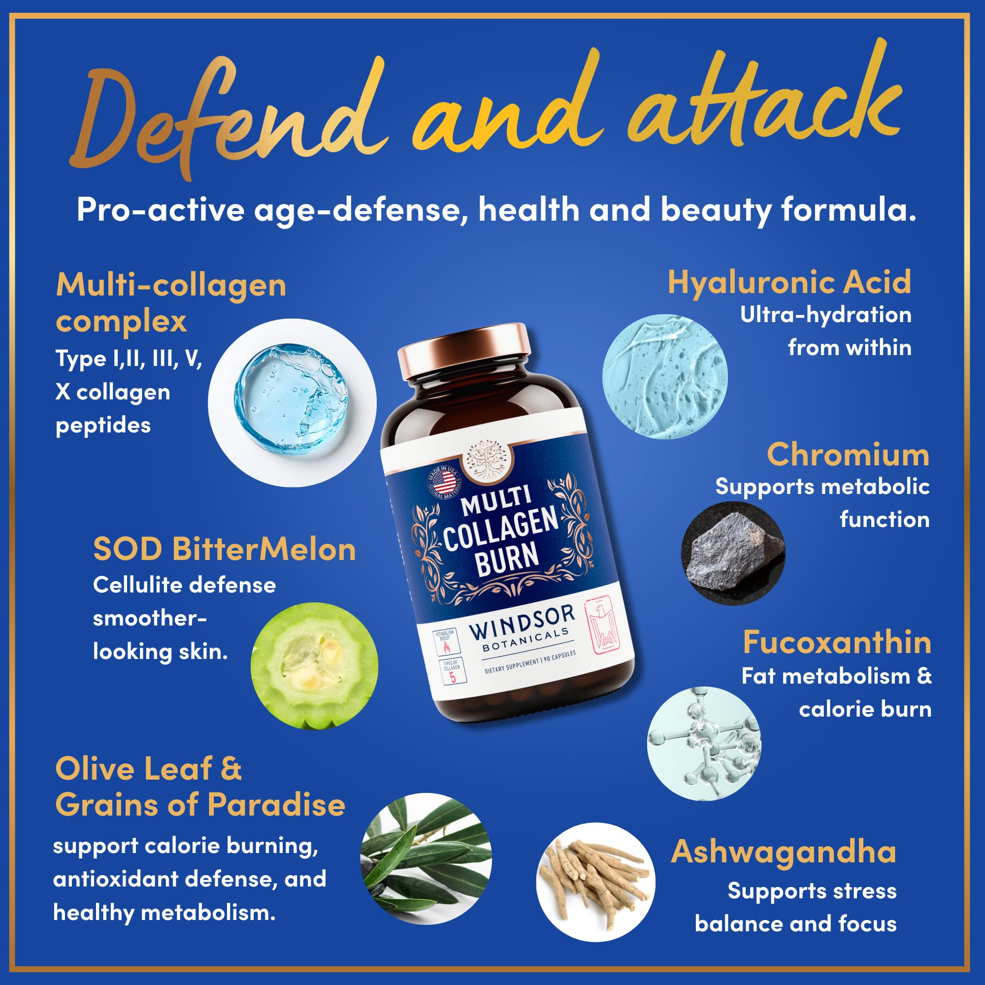 Packaging box highlights marine collagen and five collagen types.