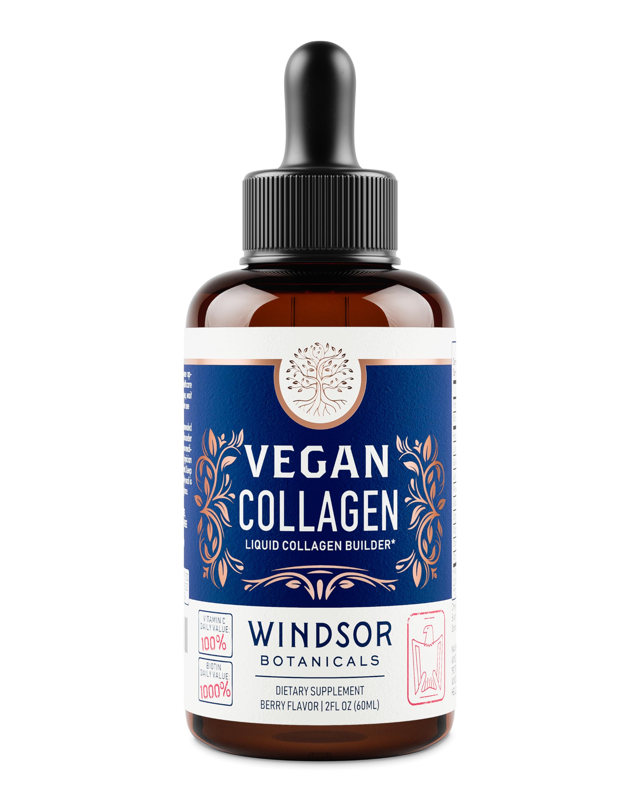 WINDSOR BOTANICALS vegan collagen liquid bottle with glass and pour