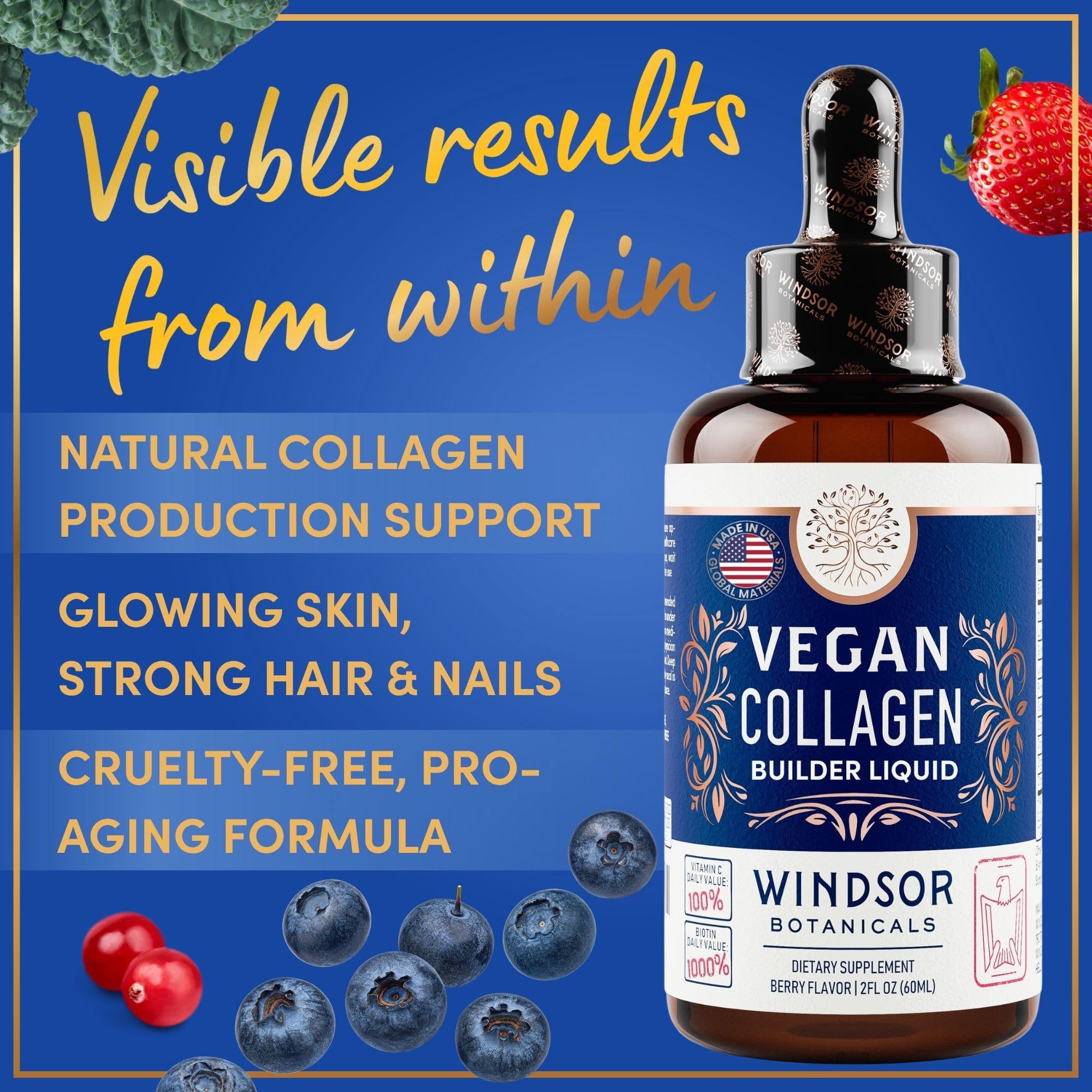 WINDSOR BOTANICALS vitamin C and hyaluronic acid ingredients in glass, ready for daily collagen boost