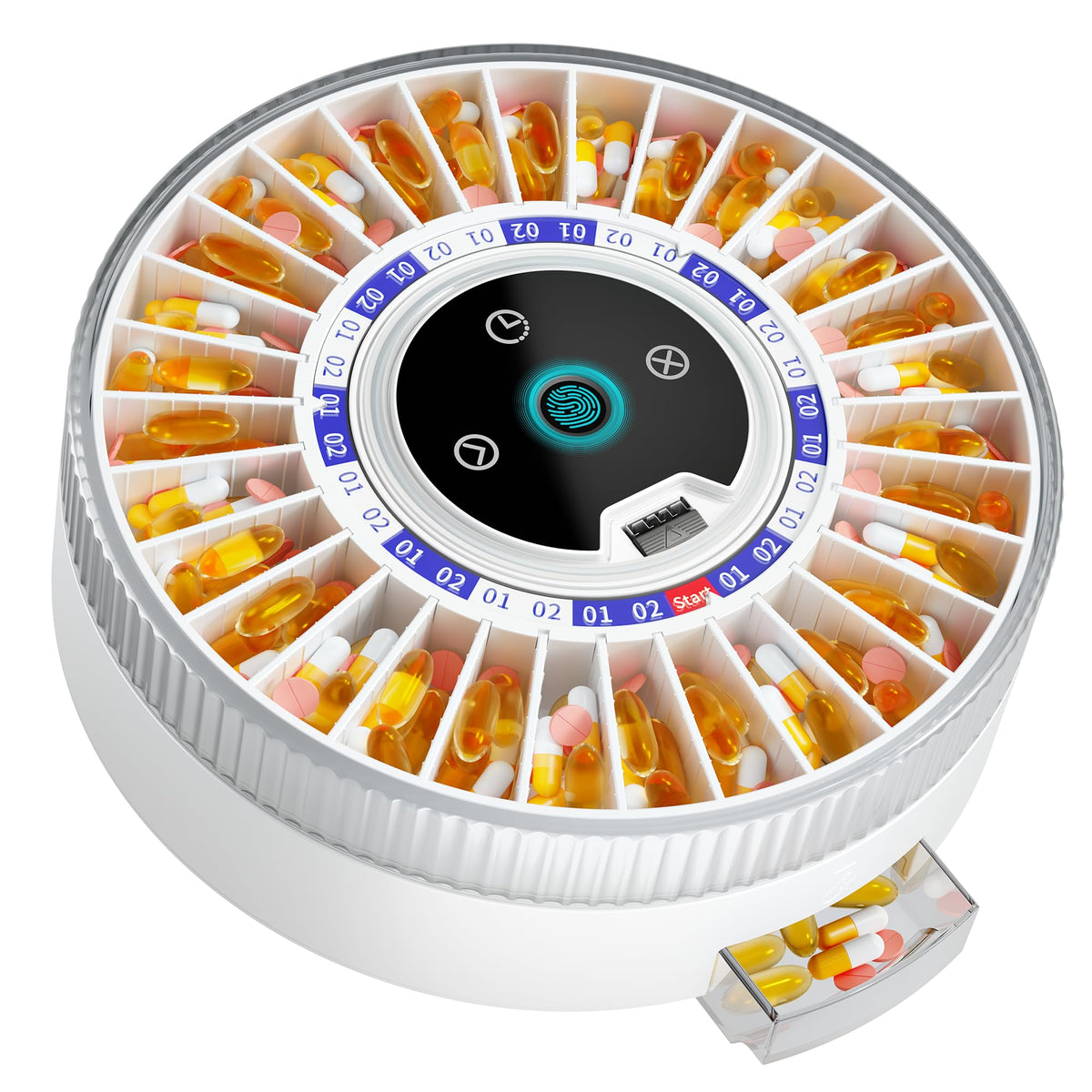 Windtrace pill dispenser front view shows easy-access design for seniors