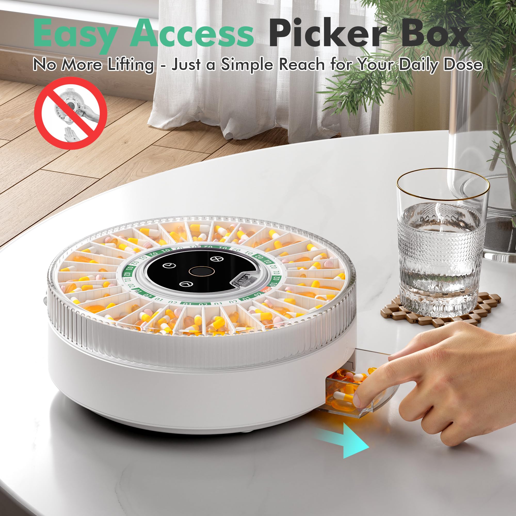 Windtrace PillCalendar with fingerprint lock offering secure access for caregivers.