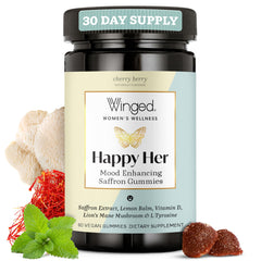 Winged Happy Her Mood Gummies bottle emphasizes saffron and lemon balm for daily mood support