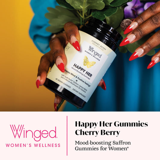 Winged Happy Her Mood Gummies label highlights vegan, gluten-free formula for balanced wellness