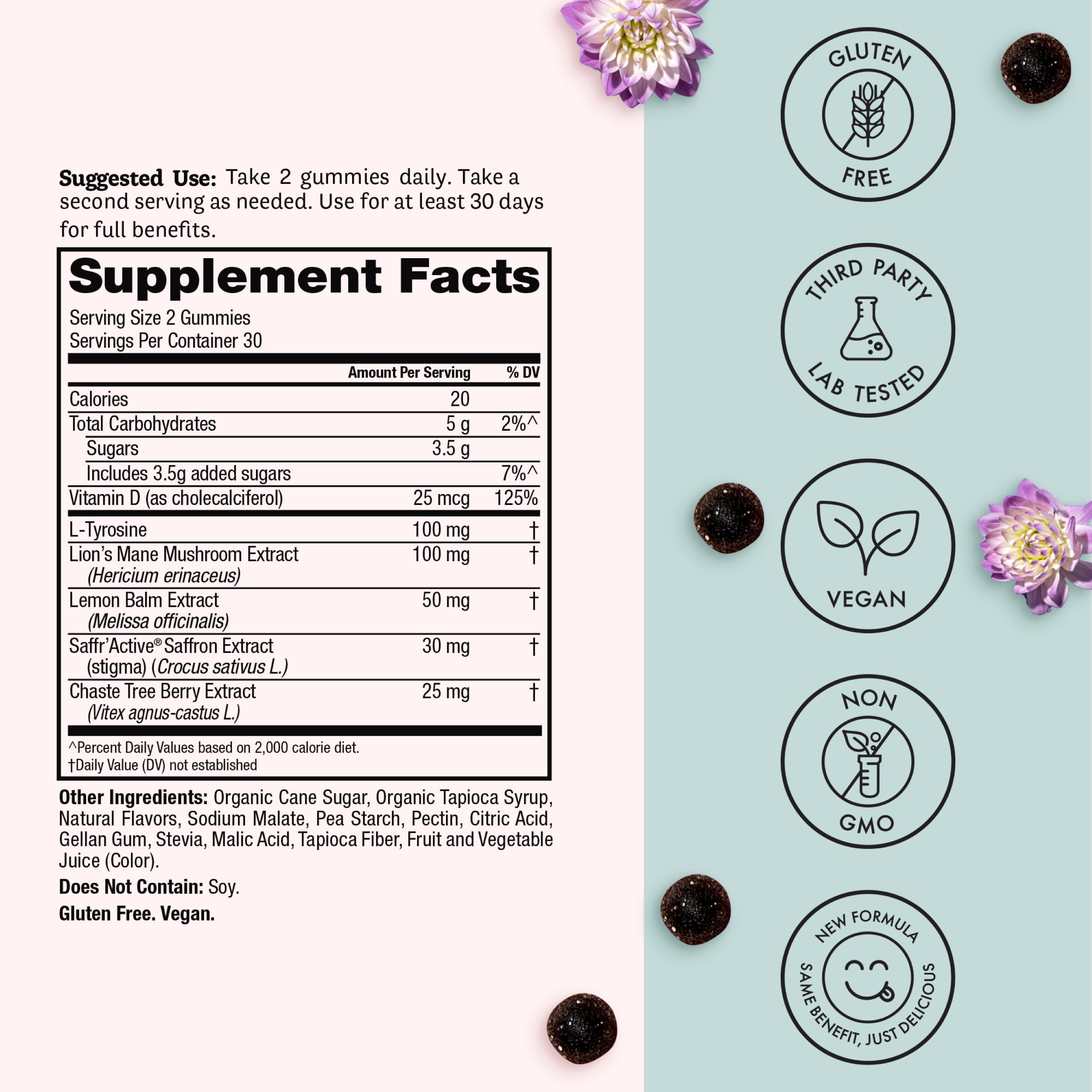 Winged Happy Her Mood Gummies lemon balm visuals imply soothing calm and focus