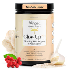 Winged Wellness Glow Up AM bottle front promoting morning beauty and radiant skin potential