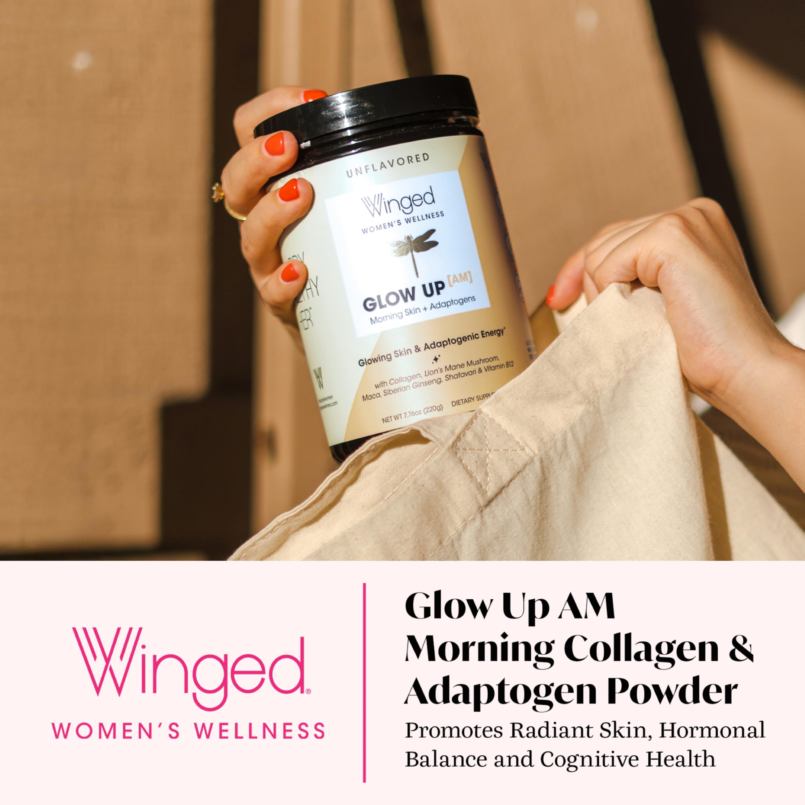 Glow Up AM bottle label close-up highlighting collagen and adaptogens for daily vitality