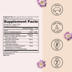 Ingredients graphic showing grass-fed collagen peptides and Lion's Mane for cognitive support