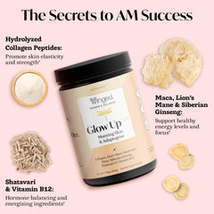 Glow Up AM scoop with powder ready to mix into coffee or smoothies