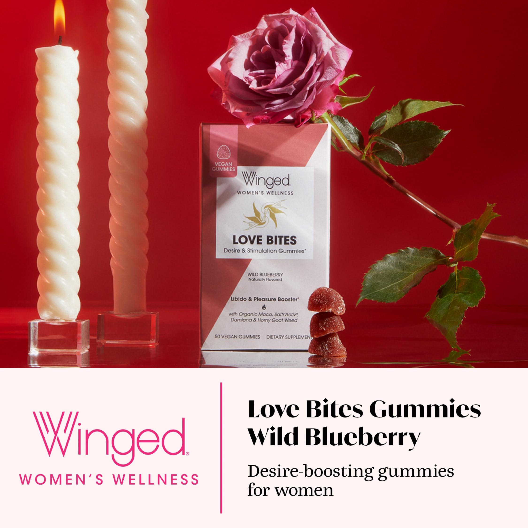 Winged Wellness Love Bites gummies close-up with blueberry flavor for daily vitality.
