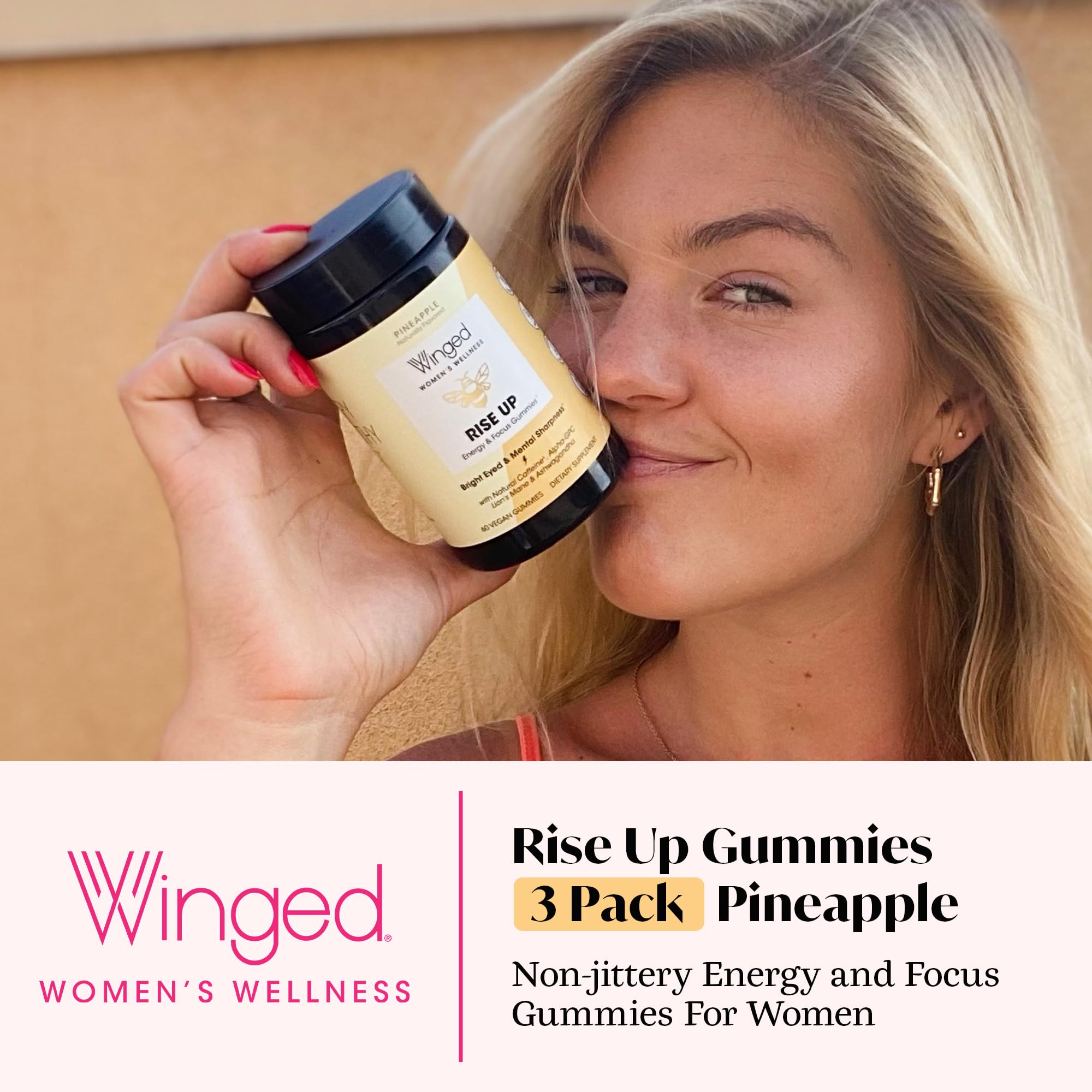 Close-up of Winged Wellness Rise Up gummies with pineapple flavor