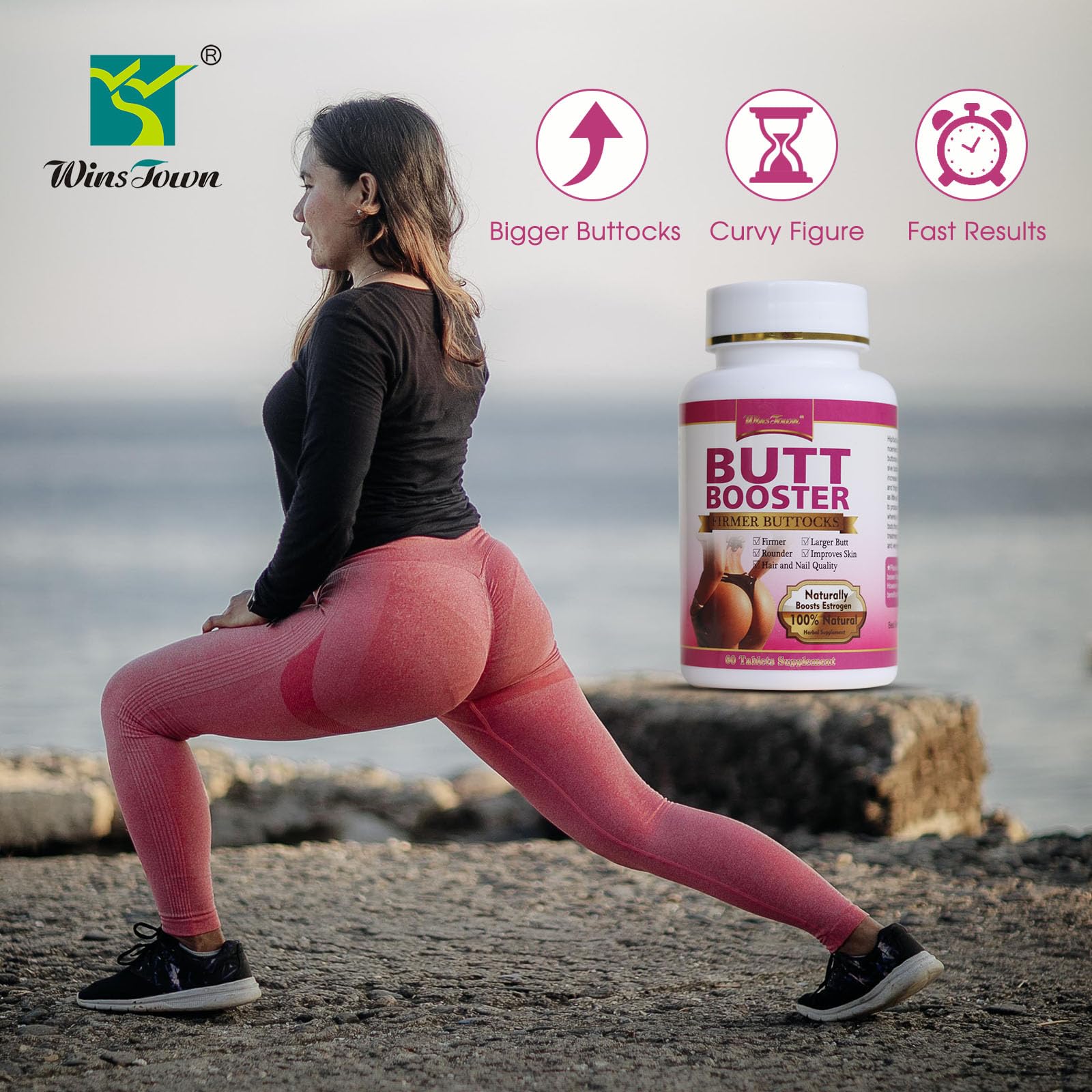 Wins Town Butt Booster Pills tablets line up, compact for easy daily use.