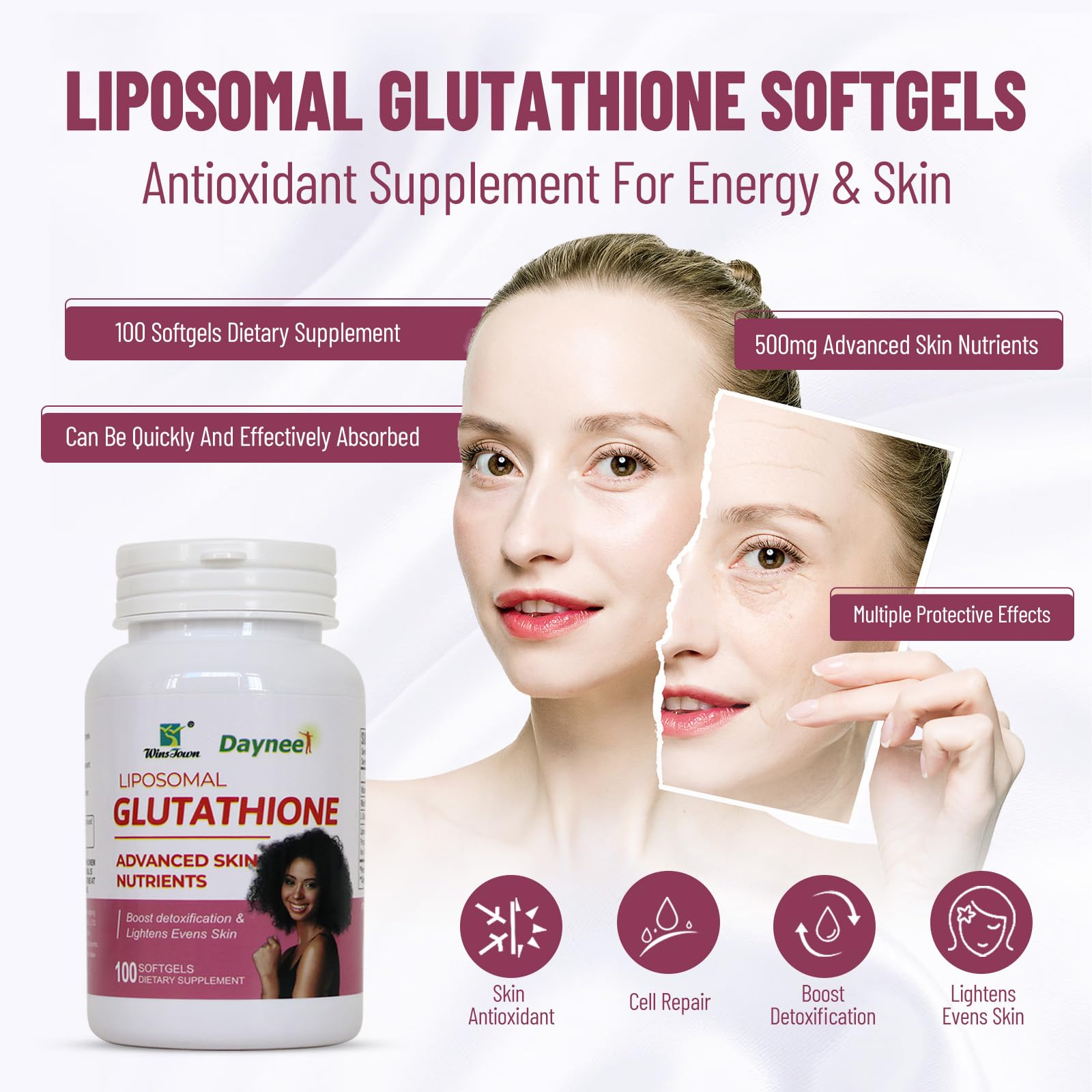 Wins Town glutathione softgels capsules closeup highlighting smooth texture for easy swallowing.