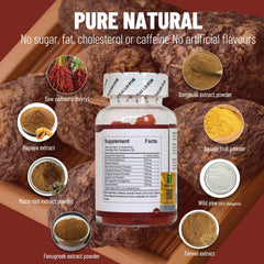 Wins Town Maca Plus Gummies strawberry flavor label emphasizing vegan, gluten-free formulation.