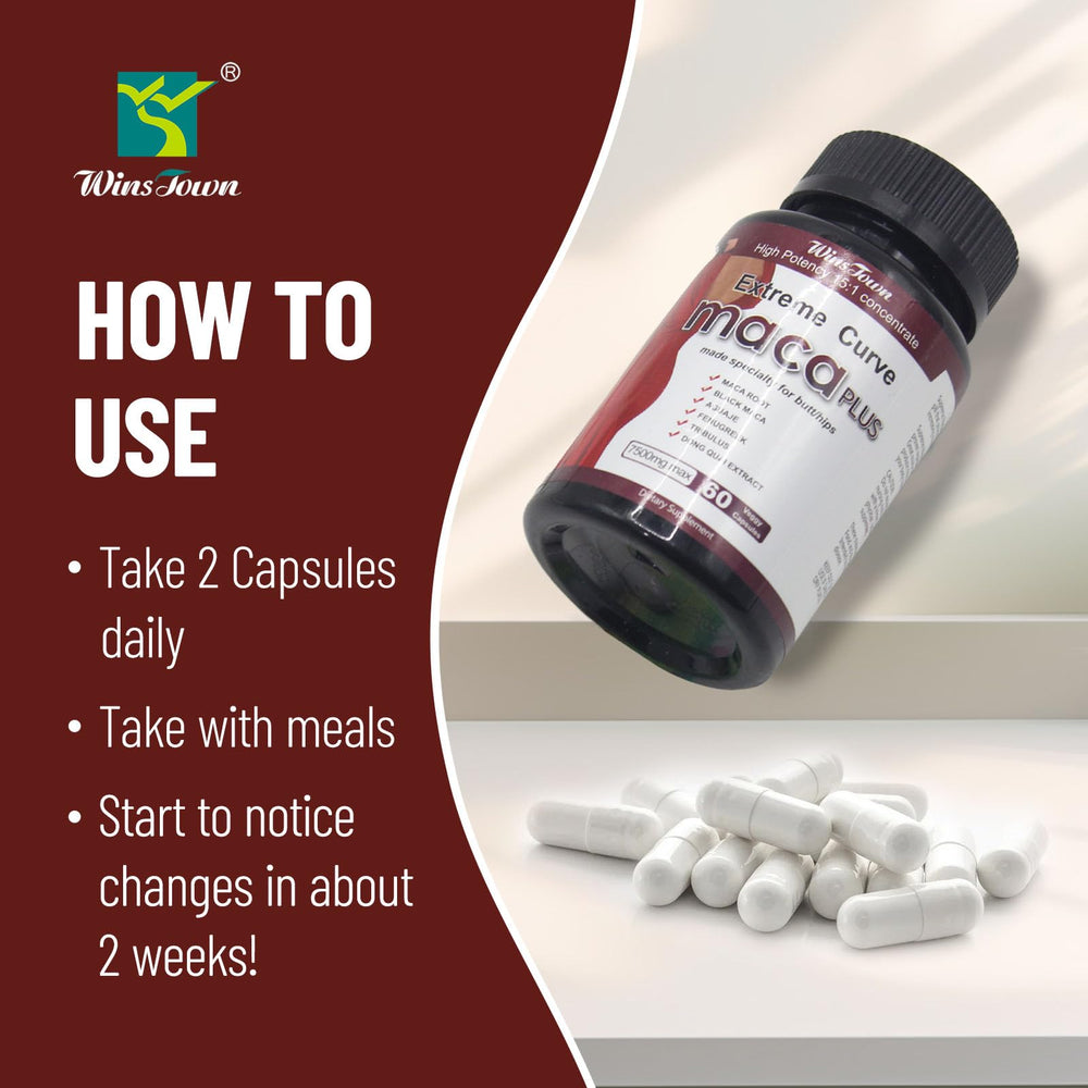Wins Town Maca Plus vegan and gluten-free formula on packaging