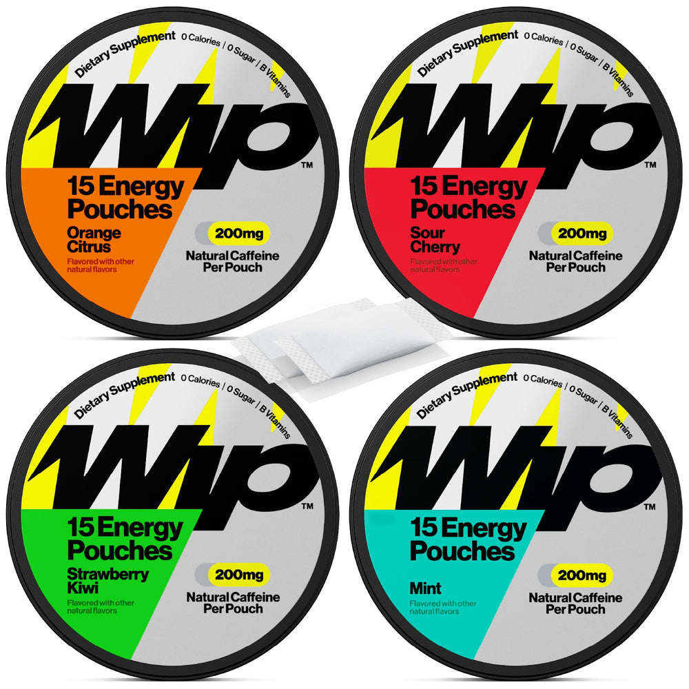 Wip Energy Pouches front pack with four flavors for convenient on-the-go energy