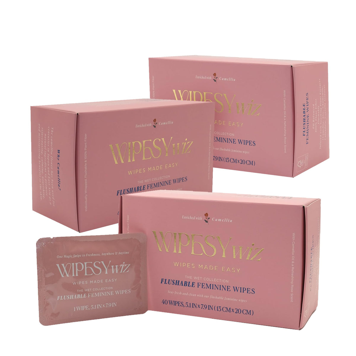 WIPESYwiz flushable feminine wipes 3-pack for on-the-go freshness and easy disposal.