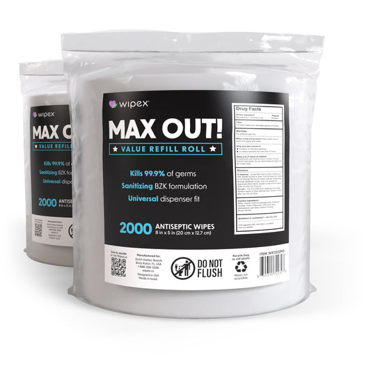 Wipex Max Out roll image showing 2000 wipes ready for gym use.