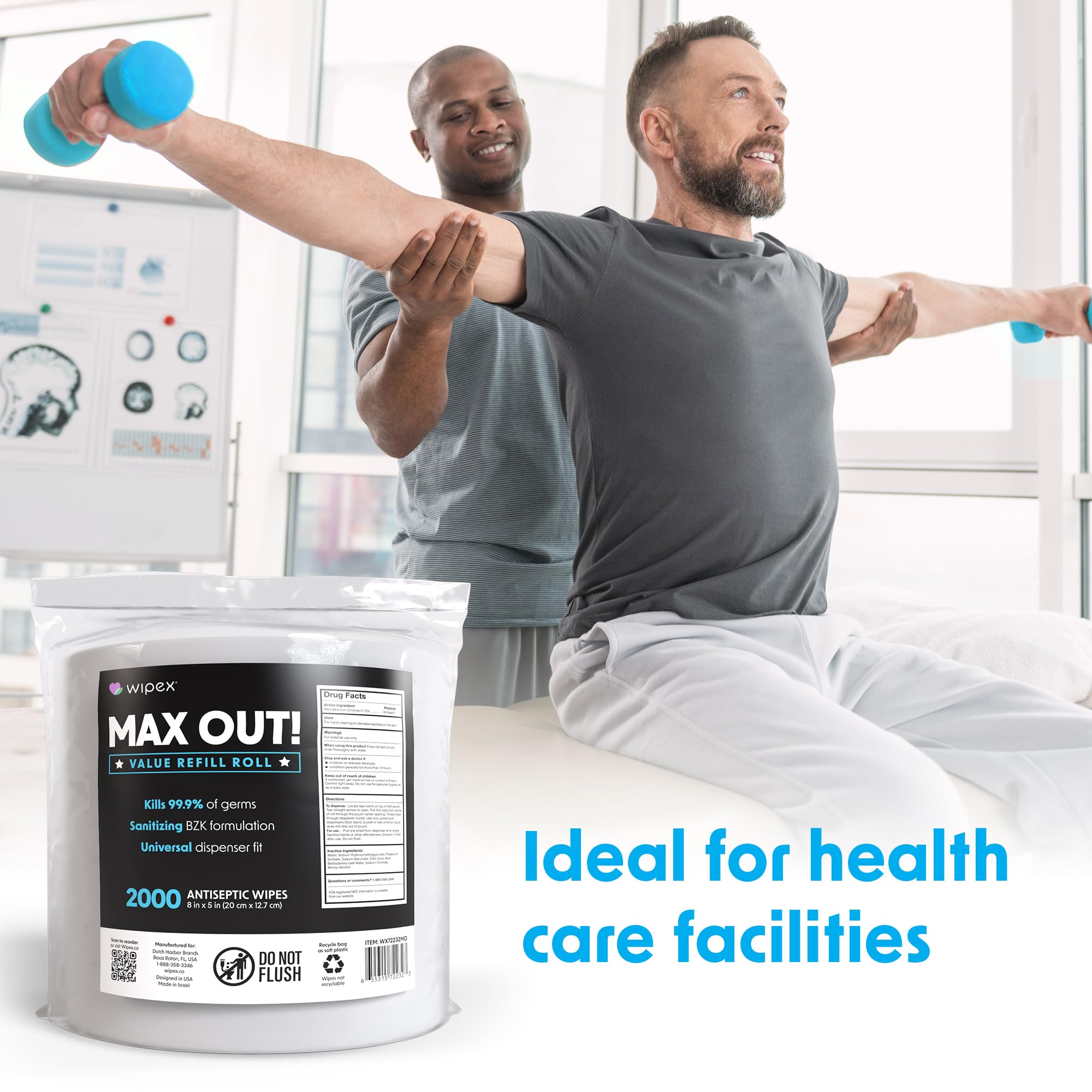 Wipex wipes in a commercial gym dispenser during a busy day.