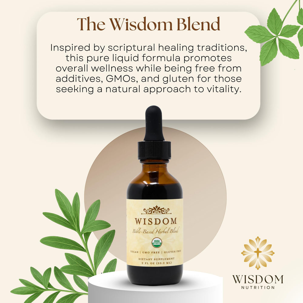 Wisdom Nutrition bottle label close-up showing eight organic herbs for detox support