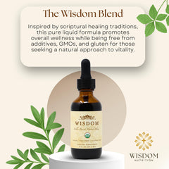 Wisdom Nutrition bottle label close-up showing eight organic herbs for detox support