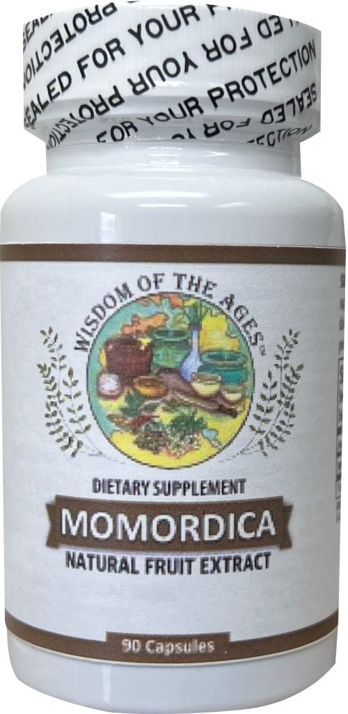 Wisdom of the Ages Momordica capsules bottle showing natural fruit extract and daily use potential.