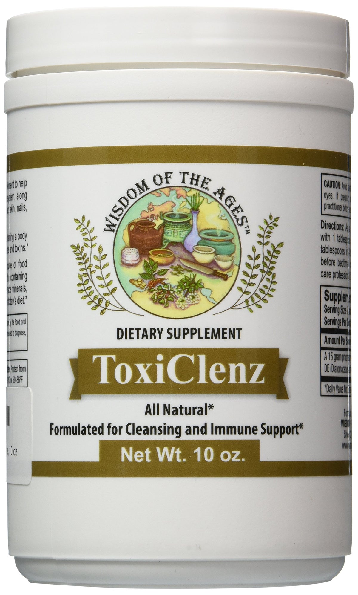 Wisdom of the Ages ToxiClenz jar front view showing a silica-rich cleansing supplement for daily support.